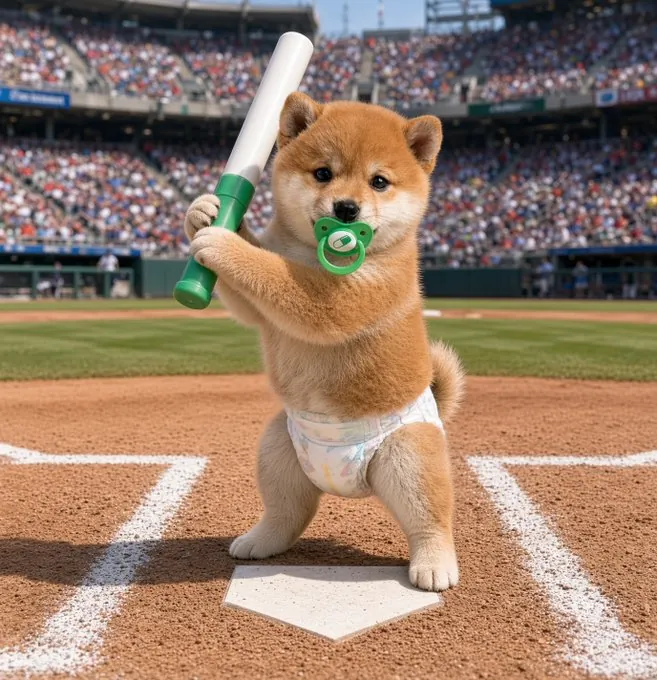 Baby Baton at home plate in a packed baseball stadium, baton raised like a bat