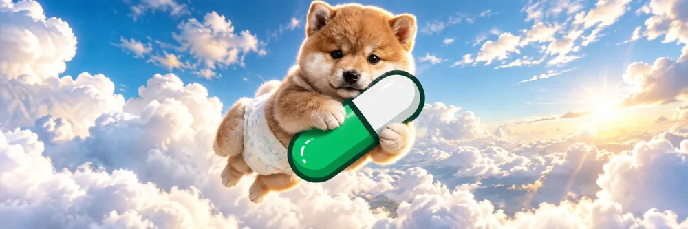 Baby Baton floating through the clouds on a giant pill
