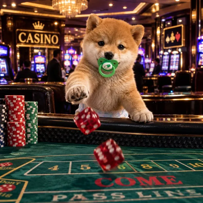 Baby Baton rolling red dice at a casino craps table
