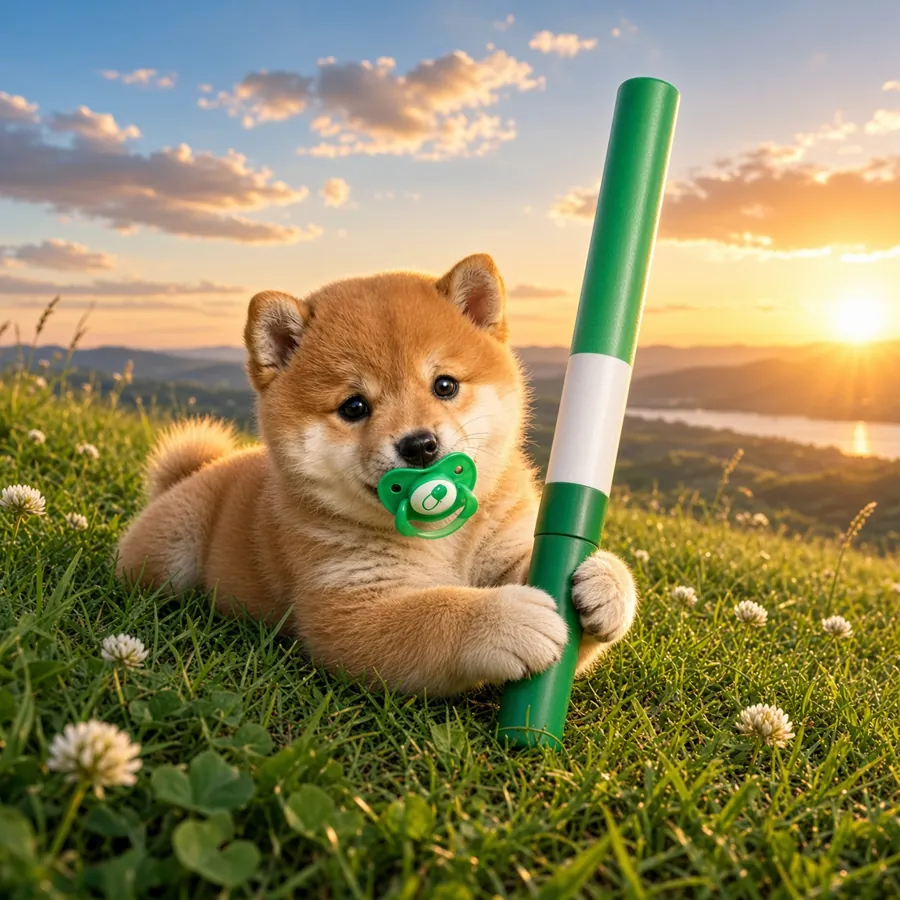 Baby Baton lying in the grass with a giant baton