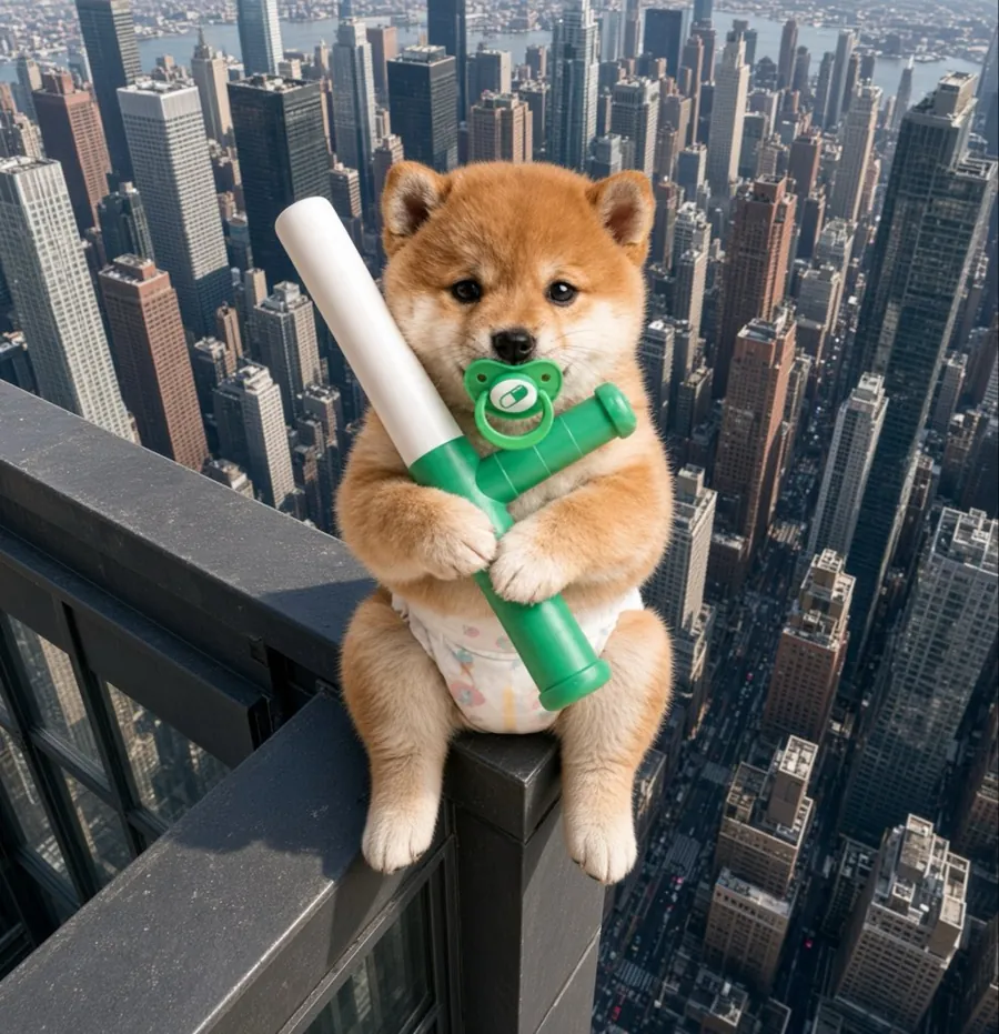 Baby Baton perched on a skyscraper ledge above the city