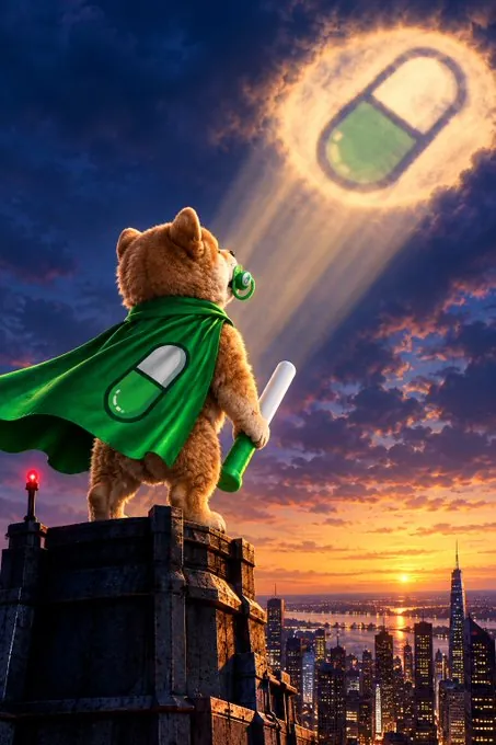 Baby Baton in a green pill cape on a rooftop at sunset, a pill signal shining in the sky
