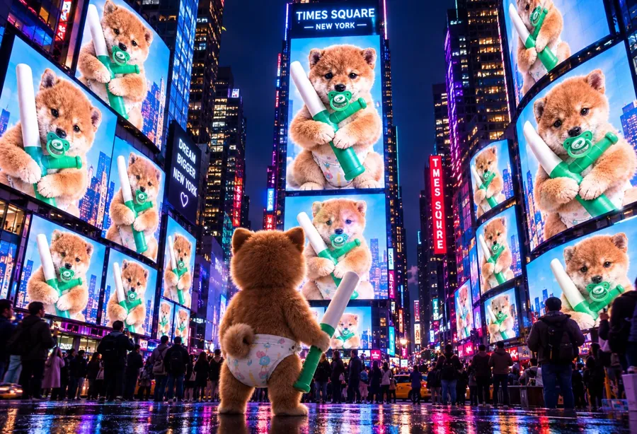 Baby Baton walking through Times Square with its face on every billboard